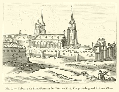 Saint-Germain des Presin luostari, vuonna 1545, näkymä Grand Pre aux Clercsistä tekijältä French School