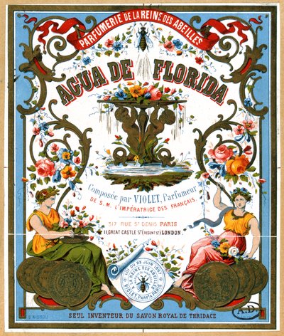 Etikettimainonta Aqua de Florida -hajuvettä hajuvesiliikkeestä La Reine des Abeilles, Pariisi, 1800-luvun toinen puoli tekijältä French School