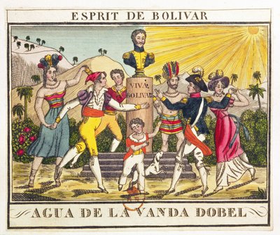 Laventeliveden etiketti, joka herättää Bolivarin hengen, n. 1830 (värikaiverrus) tekijältä French School