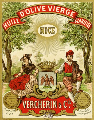 Vercherin Extra Virgin -oliiviöljyn etiketti, n. 1885-1890 tekijältä French School