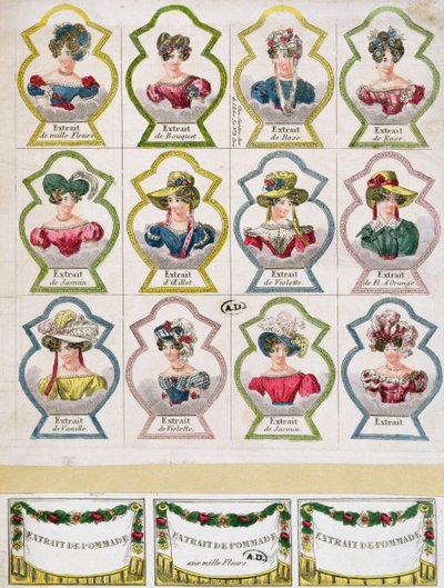 Etiketit, joissa mainostetaan erilaisia kukkauutteita hajuvesiliikkeeseen, Pariisiin, 1800-luvun alku tekijältä French School