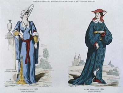 Lady vuonna 1498 Kaarle VIII:n (1470-98) aikana, aatelisnainen vuonna 1395 Kaarle VI:n (1380-1422) aikana, ranskalaisista siviili- ja sotilasasuista vuosisatojen ajan (väri litteä tekijältä French School