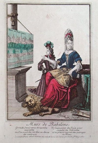 Nainen näyttää kuvaa Semiramisista ja Babylonin riippuvista puutarhoista (väri litho) tekijältä French School