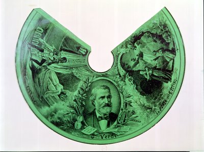 Lampunvarjostin, joka on koristeltu Giuseppe Verdin (1813-1901) muotokuvalla ja Othello- ja Kohtalonvoima-kohtauksilla (kaiverrus paperille) tekijältä French School