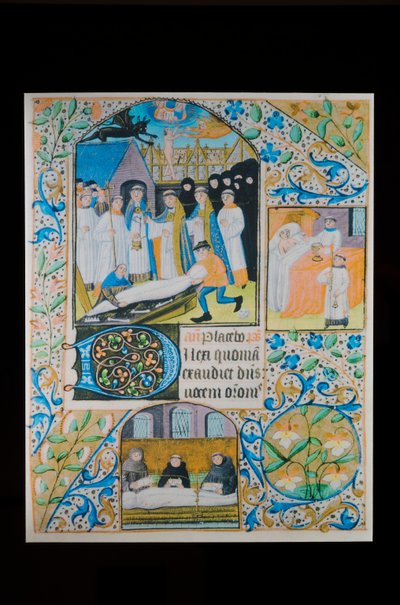 Viimeinen riitti - vainajan vihkitoimitus - hautajaiset, pergamenttisivu tuntikirjaan, Pohjois-Ranska, noin 1480 (käsikirjoitus). tekijältä French School