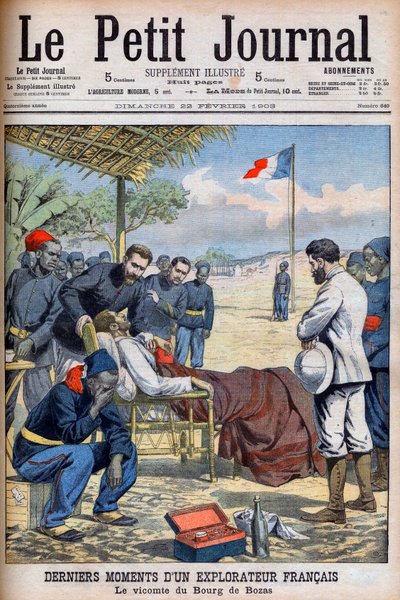 Ranskalaisen tutkimusmatkailijan varakreivi Pierre Marie Robert Du Bourg de Bozasin (1871-1903) viimeiset hetket Bourg de Bozassa trooppisessa Afrikassa "Le Petit Journal" 22. helmikuuta tekijältä French School