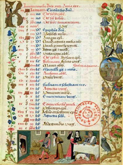 Lat 1173 f.1 tammikuu; hahmoja syömässä ja juomassa, kirjoittanut Robinet Testard, Charles of Angoulemen Hoursista tekijältä French School