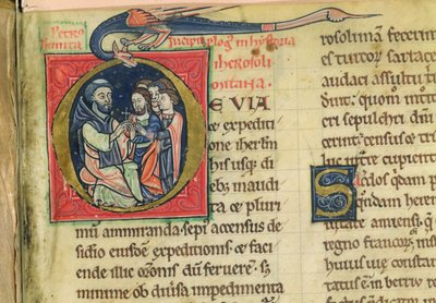 Lat 5128 f.1 Pietari erakko jakaa ristejä, munkki Robertin kirjoittamasta "Jerusalemin historiasta..." (pergamentti). tekijältä French School