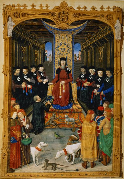 Lat 6067 f.3v Kirjoittaja, joka omisti kirjansa Pierre dAubussonille, Jerusalemin Pyhän Johanneksen ritarikunnan suurmestarille, Guillaume Caoursinin teoksesta A History of the Siege of Rhodes, 1483 tekijältä French School
