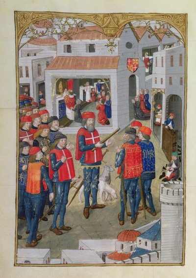 Lat 6067 fol.33v Pyhän Johanneksen Jerusalemin ritarit valmistautuvat puolustamaan Rodosta, Guillaume Caoursinin teoksesta A History of the Siege of Rhodes, 1483 tekijältä French School