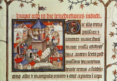 Lat 962 f.264 Pienoiskuva piispasta, joka siunaa vuosittaisia messuja tai markkinoita, jotka pidettiin kahden viikon ajan kesäkuussa St. Denisin tasangoilla, paavi, 1301-1400 tekijältä French School