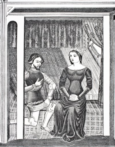 Launcelot ja Guinevere 1300-luvun käsikirjoituksen pienoismallin jälkeen Paul Lacroix -pubin Science and Literature in The Middle Ages -julkaisusta. Lontoo 1878 tekijältä French School