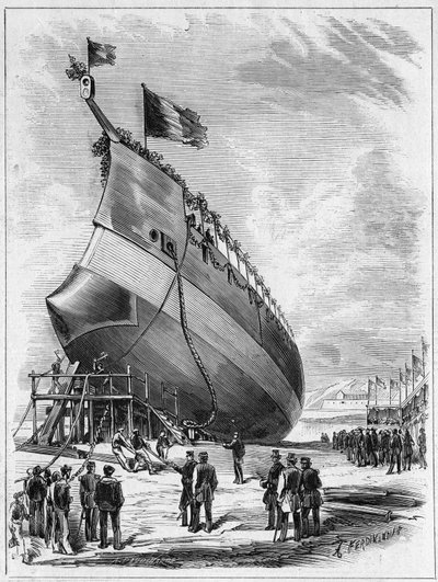 Panssarialuksen ”” La Galissonniere” laukaisu”, 7. toukokuuta 1872 Brestin satamassa, Finistere (29). Kaiverrus "" Le Monde Illustré" -julkaisussa nro 789, 25. toukokuuta 1872. tekijältä French School