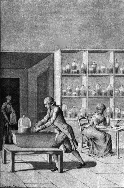 Lavoisier laboratoriossaan Arsenalissa, esitellen hengityskoetta, 1700-luku tekijältä French School