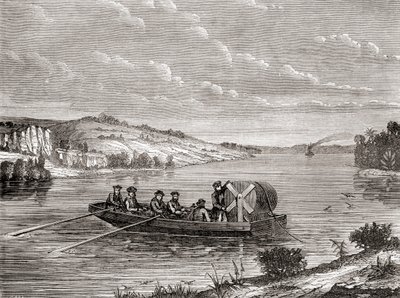 Lennätinkaapelin asettaminen amerikkalaisen joen alle n. 1860, Les Merveilles de la Science, julkaistu n. 1870 (kaiverrus) tekijältä French School