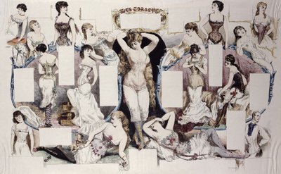 Asettelukuvitukset artikkeliin naisten alusvaatteista, La Vie Parisienne, n. 1870 tekijältä French School