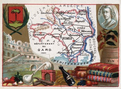 Le Gard (30), Languedoc-Roussillon (Languedoc Roussillon), Ranska - Paikallinen erikoisuus: eau de vie (tislauslaite) ja viini - Jean-Pierre-Claris (Jean Pierre Claris) de Florianin (1755-1794) muotokuva - Serie Ranskan departementeissa - Chromoli tekijältä French School