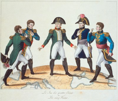 Le Jeu des Quatre Coins tai Les Cinq Freres, Bonapartiste-sarjakuva, joka kuvaa Napoleonia ja hänen veljiään, 1808 tekijältä French School