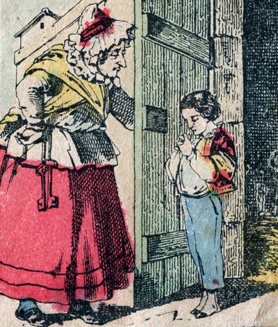 Le Pere Fouettard, ranskalainen hahmo ruoskijaisälle, legendaarinen kansanperinteen hahmo, joka rankaisee tuhmia lapsia: hänen vaimonsa La Mere Fouettard ruoskiva äiti, joka synnyttää katuneita lapsia - Epinal kuva tekijältä French School