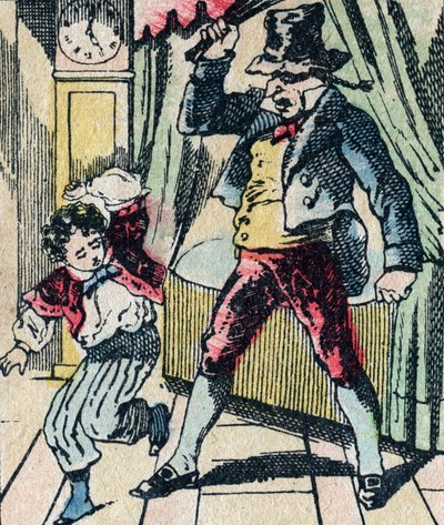 Le Pere Fouettard on legendaarinen kansanperinteen hahmo, joka rankaisee ruoskallaan viisaita lapsia ja sulkee tottelemattomia lapsia, kuva Epinalista tekijältä French School