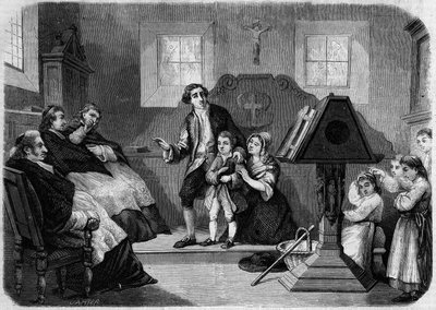 Le Salon de 1857 - Laurent Detouchen musiikin säveltäjän Lesueurin ensimmäinen debyytti. Jean Francois Lesueur (1760-1837), ässä ja kuoropoika. Kaiverrus "" Le Monde Illustré" -julkaisussa nro 22, 12. syyskuuta 1857. tekijältä French School