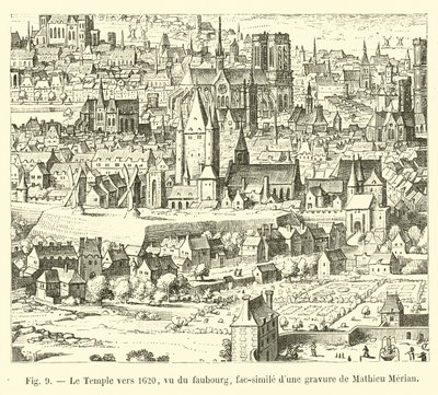 Temppeli noin 1620, katsottuna faubourgista, faksimile Mathieu Merianin kaiverruksesta tekijältä French School