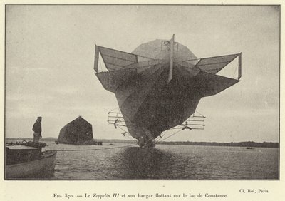 Zeppelin III ja sen kelluva hangaari Bodenjärvellä (kaiverrus) tekijältä French School