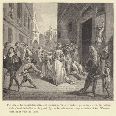 Italialaisten näyttelijöiden poistuminen Comedie-Italiennen teatterin päättämisen jälkeen kuninkaan käskystä 4. toukokuuta 1697 (kaiverrus) tekijältä French School