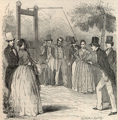Kyyhkysriista Mabille-puutarhassa Pariisissa 1800-luvulla - Edmond Texierin kaiverrus Tableau-de-Parisissa 1852 tekijältä French School