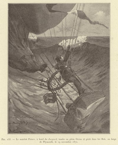 Merimies Prince, Jacquard-laivalla, putoaa keskelle merta ja menehtyy aaltoihin Plymouthin edustalla, 29. marraskuuta 1870 (kaiverrus) tekijältä French School