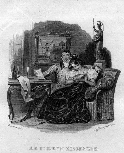Sanansaattajakyyhkynen Chanson de Beranger teoksessa "Oeuvres valmistuu" (1834) Pierre Jean de Beranger (1780-1857), ranskalainen runoilija ja lauluntekijä. tekijältä French School