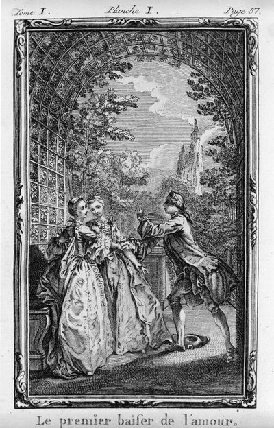 Rakkauden ensimmäinen suudelma Kuvitus Jean Jacques Rousseaun (1712-1788) teoksesta "Julie ou La Nouvelle Heloise", ed. 1769. tekijältä French School