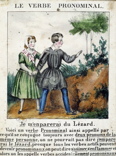 Oppitunti pronominaalisista verbeistä. ""La grammar en images" -lehtisalbumissa, noin 1850. tekijältä French School
