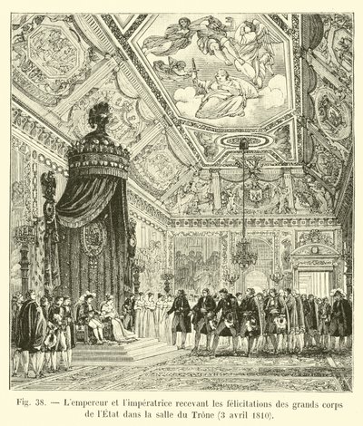 Keisari ja keisarinna vastaanottavat onnittelut osavaltion suurjoukolta valtaistuinsalissa, 3. huhtikuuta 1810 tekijältä French School