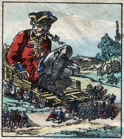Lemuel Gulliveria, vankia, kuljetetaan liliputien vetämillä kärryillä. Kuvitus Jonathan Swiftin (1667-1745) elokuvaan "" Gulliver