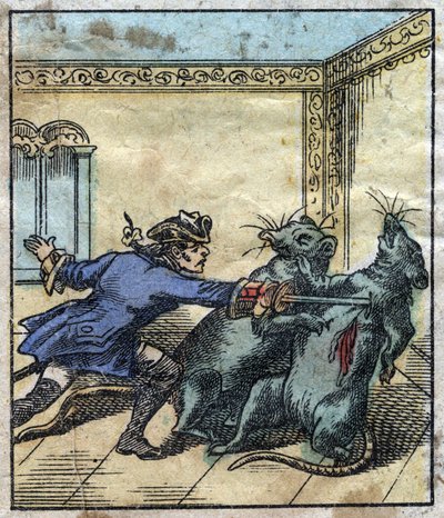 Lemuel Gulliver taistelee rottia vastaan Brobdingnagin jättiläisten maassa. Kuvitus Jonathan Swiftin (1667-1745) elokuvaan "" Gulliver
