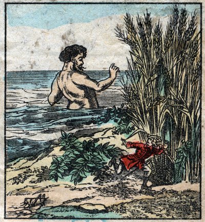 Lemuel Gulliver piiloutuu jättiläiseltä Brobdingnagissa. Kuvitus Jonathan Swiftin (1667-1745) elokuvaan "" Gulliver