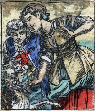 Lemuel Gulliver Brobdingnagin jättiläisten maassa. Kuvitus Jonathan Swiftin (1667-1745) elokuvaan "" Gulliver