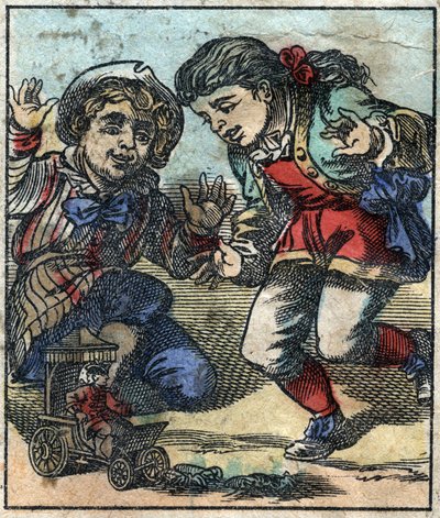 Brobdingnagin jättiläislapset käyttävät Lemuel Gulliveria leluna. Kuvitus Jonathan Swiftin (1667-1745) elokuvaan "" Gulliver