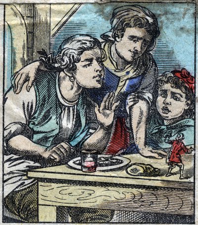 Lemuel Gulliver Glumdalclitchin perheen pöydällä Brobdingnagin jättiläisten maassa. Kuvitus Jonathan Swiftin (1667-1745) elokuvaan "" Gulliver