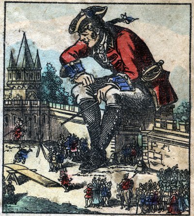 Lemuel Gulliver istuu kaupungin linnoituksen muurilla ja selittää strategiaa liliputialaiselle armeijalle. Kuvitus Jonathan Swiftin (1667-1745) elokuvaan "" Gulliver
