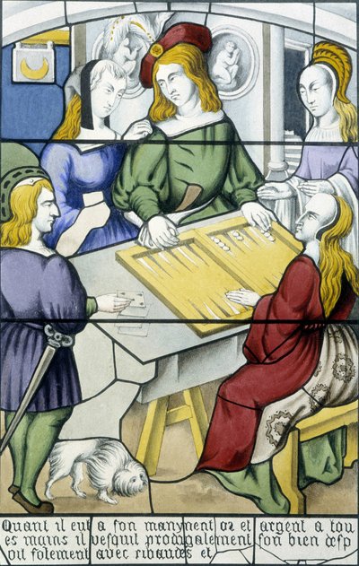 Tuhlaajapoika: Tic-trac-peli keskiajalla ”lasimaalauksen historiassa”, kirjoittanut Ferdinand de Lasteyrie, toim. Pariisi 1853 tekijältä French School