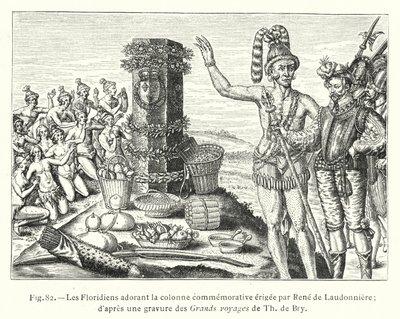 Floridilaiset palvovat Rene de Laudonnieren pystyttämää muistomerkkiä; kaiverruksen jälkeen Th de Bryn suurista matkoista (kaiverrus) tekijältä French School