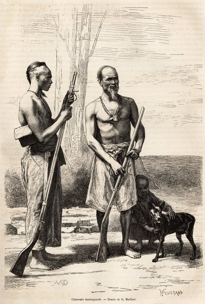 Formosan saaren vuoristometsästäjät, kaiverrus D.Maillardin piirustuksen mukaan, joka havainnollistaa matkaa Kiinaan, J.Thompson, 1870-1872, julkaistu "" Le tour du monde""" 1875, toimittanut Edouard Charton, Hachette-painos, Pariisi. Selva Collecti tekijältä French School