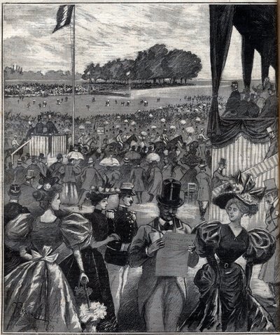 Les courses de lyon (Lyonin kilparadat) - Grand Prix -palkinnon jälkeen - kaiverrus "Le Progres illustrious"" vuonna 1895 tekijältä French School