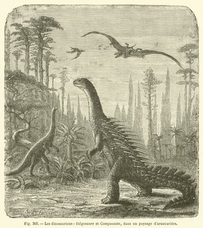Dinosaurukset, Stegosaurus ja Compsonote, Araucariae-maisemassa (kaiverrus) tekijältä French School