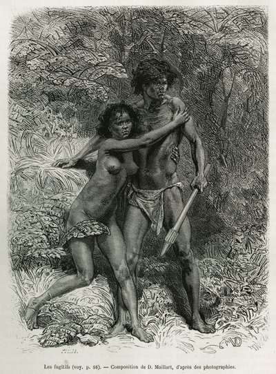 Les fugitives aborigenes, kaiverrus D.Maillartin piirroksen jälkeen, kuvittaa tarinaa kuusi kuukautta Australiassa, jonka on kirjoittanut Desire Charnay, opetusministeriön vuonna 1878 antama lähetystehtävä, julkaistu Tour du Monde -lehdessä, jonka on toimi tekijältä French School