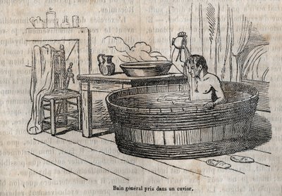 Kylpyeleet - Hygienia 1800-luvulla - kylpy kulhossa - kaiverrus "La Sante Universelle - Guide Medical des Familles" 1852 tekijältä French School