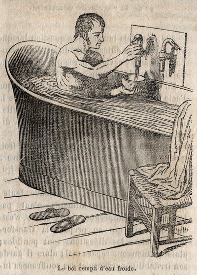 Kylpyeleet - Hygienia 1800-luvulla - mies kylpyammeessa - kaiverrus "La Sante Universelle - Guide Medical des Familles" 1852 tekijältä French School