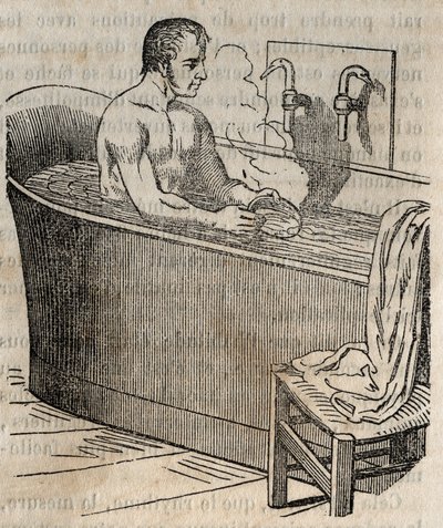 Kylpyeleet - Hygienia 1800-luvulla - mies kylpyammeessa - kaiverrus "La Sante Universelle - Guide Medical des Familles" 1852 tekijältä French School